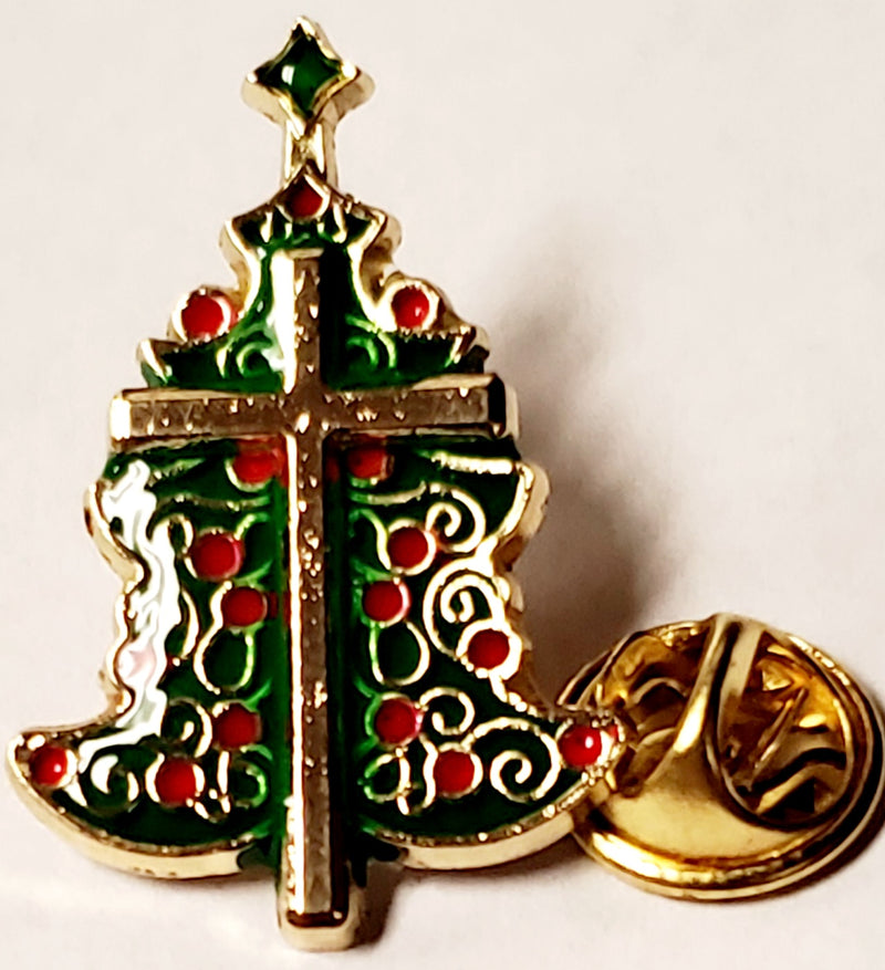 Christian Cross Christmas Tree - Cloisonné Hat & Lapel Pin