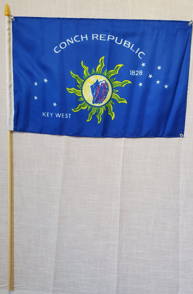 12 Conch Republic Key West 12"X18" Flag With 30" Inch Wooden Stick  - Rough Tex® 100D