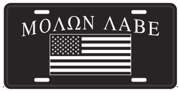 Molon Labe USA Black Embossed American Flag License Plate