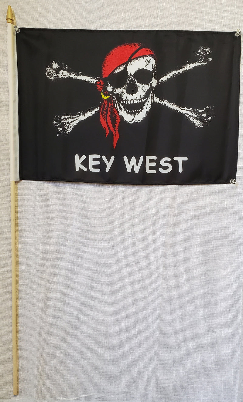 Key West Jolly Roger 12"X18" Flag With 30" Inch Wooden Stick  - Rough Tex® 100D