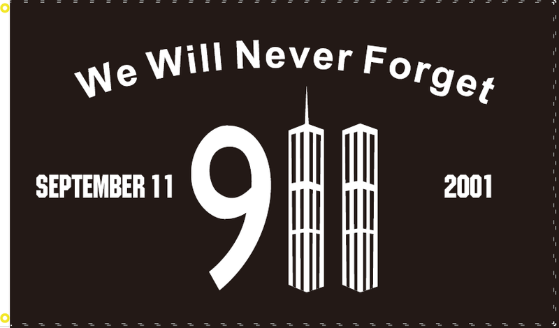 911 COMMEMORATION WE WILL NEVER FORGET BLACK OFFICIAL 2001 FLAG 3X5 9-11