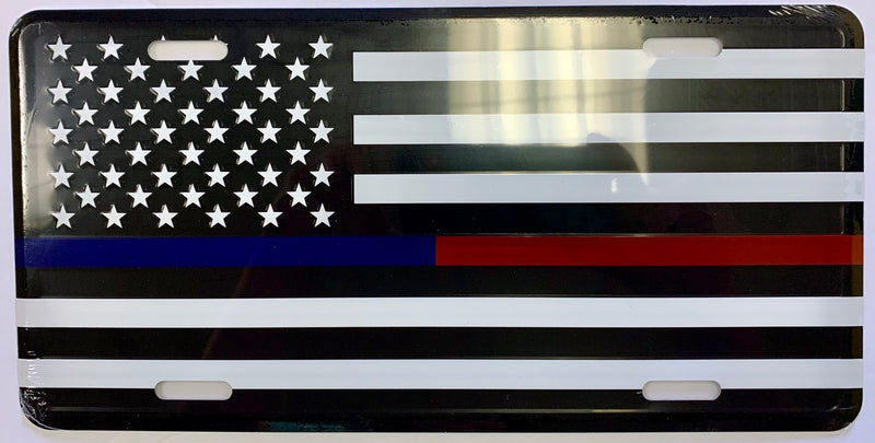 US Police Fire Red & Blue Line Memorial Aluminum Embossed License Plate
