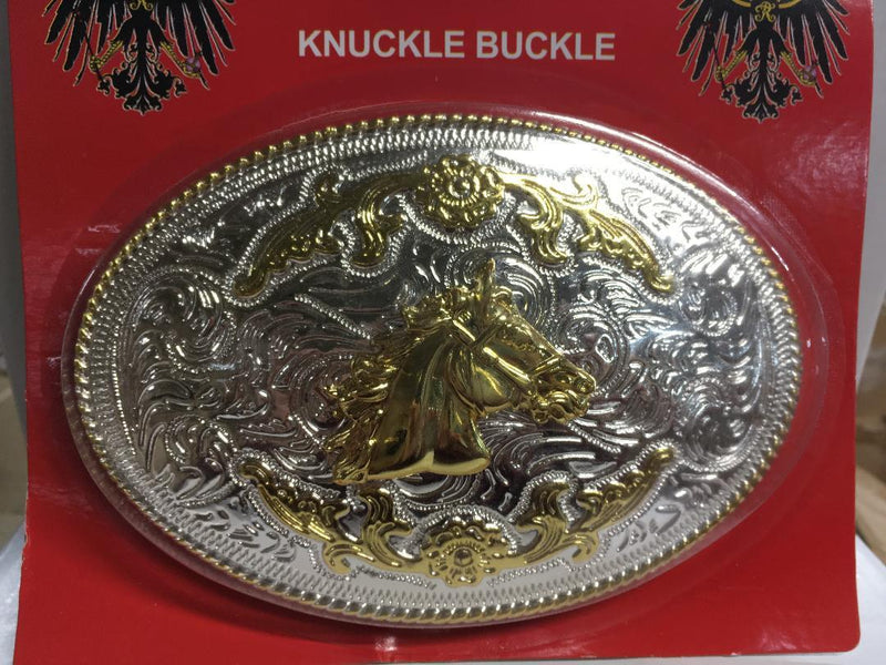 HORSE HEAD PREMIUM BELT BUCKLE OVAL GOLD AND SILVER