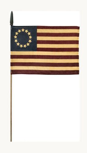 Betsy Ross Primitive American USA 13 Stars Tea Stained Rough Tex ® 12x18 Inches Mounted On Wooden Staffs 30"