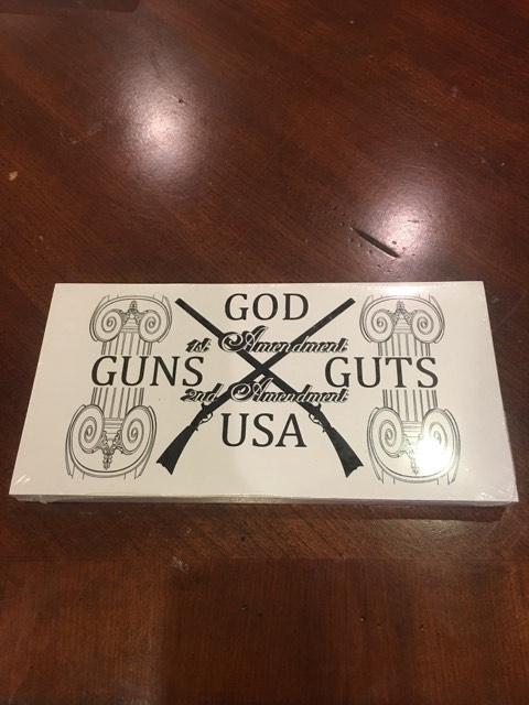 GOD GUNS GUTS USA 2ND AMENDMENT CROSSED RIFLE WHITE OFFICIAL BUMPER STICKER PACK OF 50 BUMPER STICKERS MADE IN USA WHOLESALE BY THE PACK OF 50!