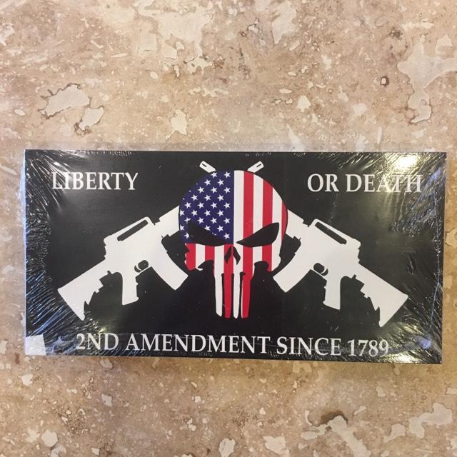 LIBERTY OR DEATH AMERICAN SKULL 2ND AMENDMENT CROSSED RIFLES BLACK TACTICAL OFFICIAL BUMPER STICKER PACK OF 50 BUMPER STICKERS MADE IN USA WHOLESALE BY THE PACK OF 50!
