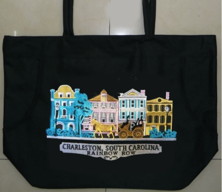 Black Charleston South Carolina Rainbow Row Beach Bag