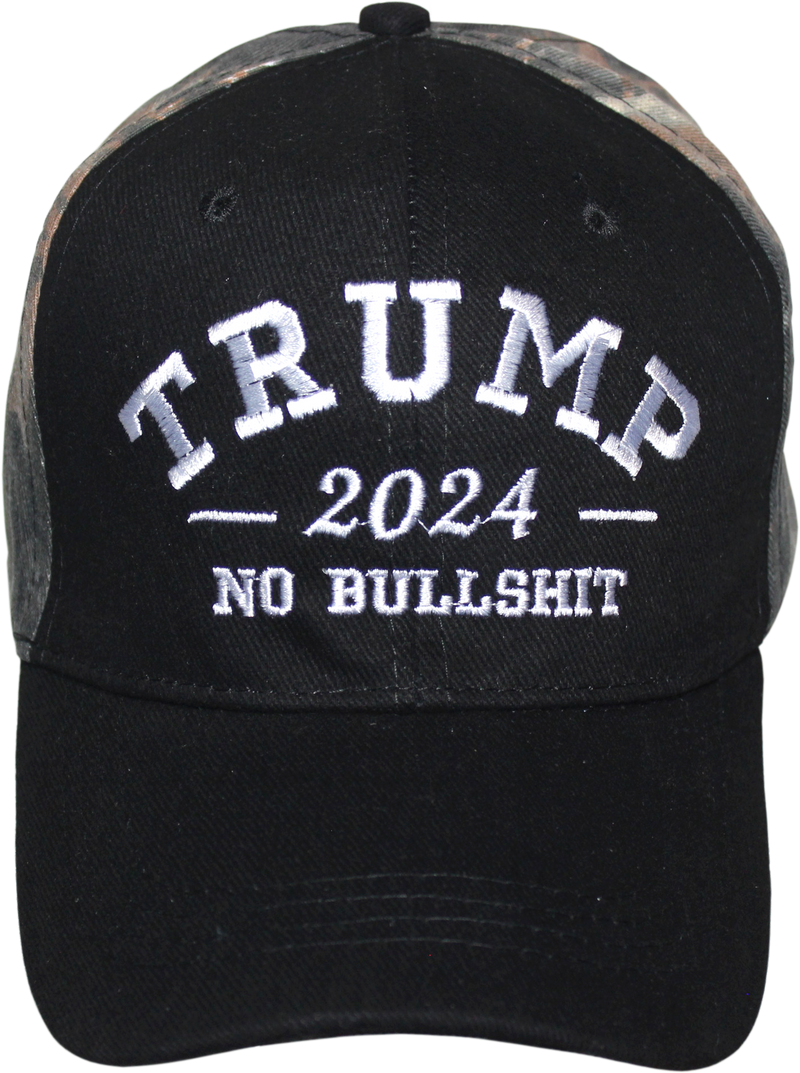 Trump 2024 No Bullshit Black and Camo Embroidered Cap