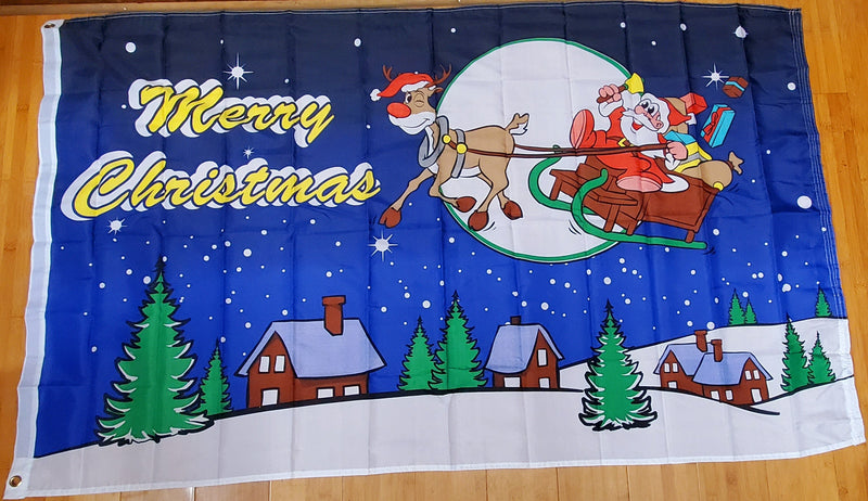Merry Christmas Sleigh Ride Blue Rudolph & Santa Flag 3x5 Rough Tex 100D ® Seasonal Holiday Flags