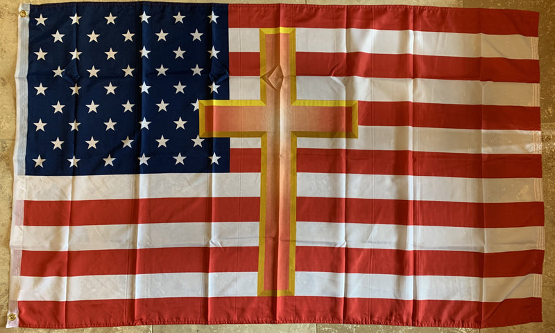 3X5 100D AMERICAN CHRISTIAN USA FLAG WITH GOLD CROSS