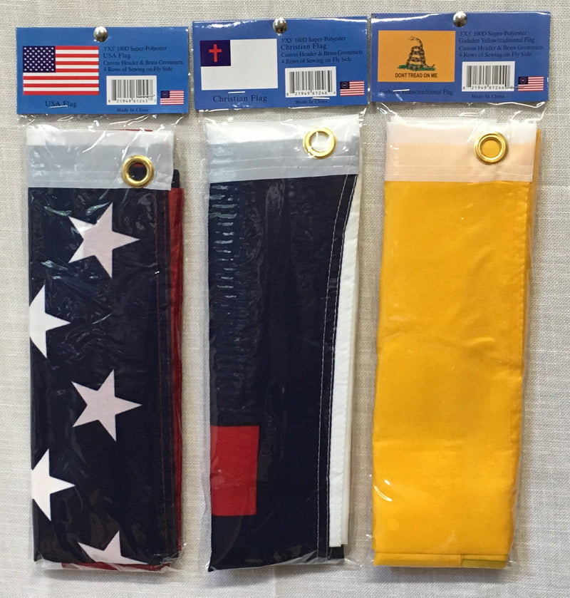 Assortment Of Three Long Bag Flags Christian Gadsden USA- 3X5' Rough Tex® 100D