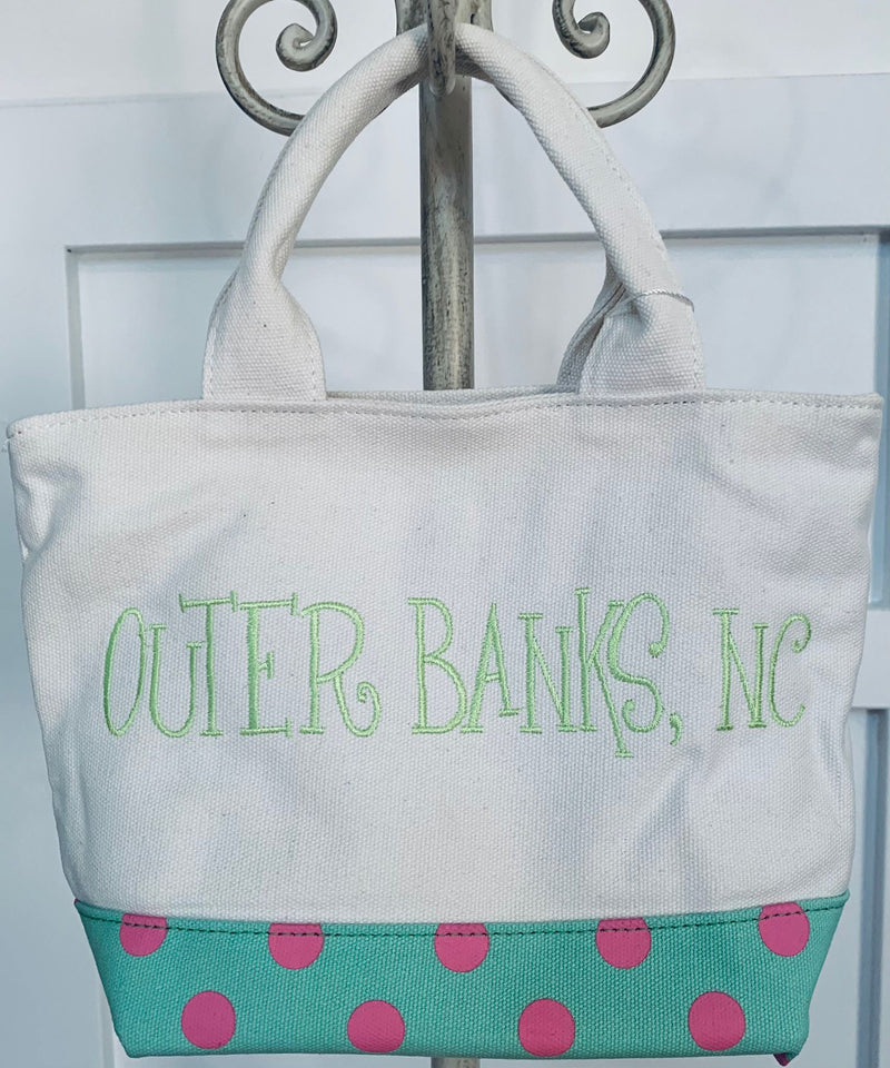Outer Banks North Carolina Pink and Mint Polka Dot Small Beach Bag