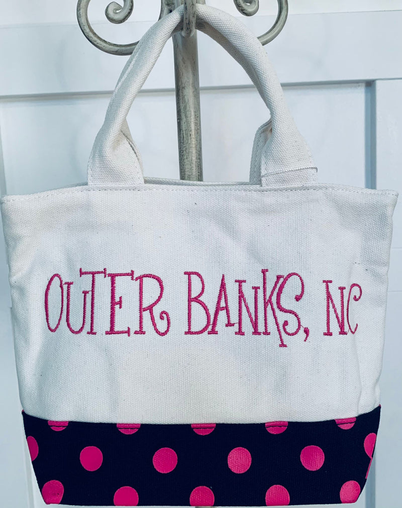 Outer Banks North Carolina Hot Pink and Black Polka Dot Small Beach Bag