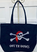 Outer Banks North Carolina Jolly Roger Black Large Beach Bag