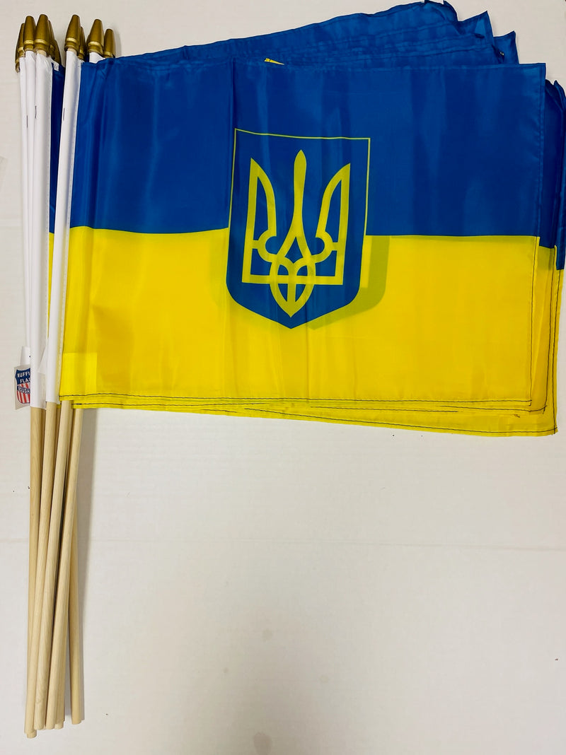 Ukraine Official Trident Stick Flag 12"x18" Rough Tex® 100D Wooden Staff