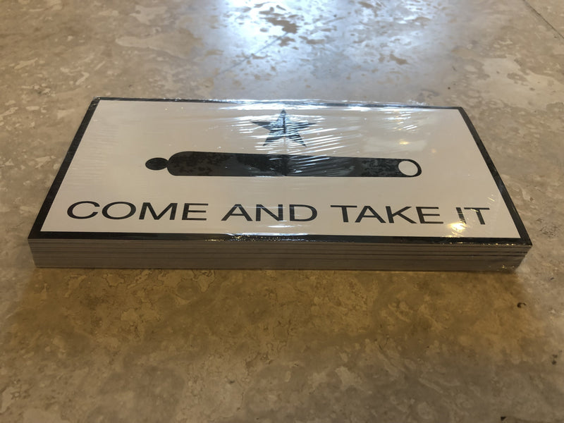 GONZALES COME AND TAKE IT WHITE OFFICIAL BUMPER STICKER PACK OF 50 BUMPER STICKERS MADE IN USA WHOLESALE BY THE PACK OF 50!