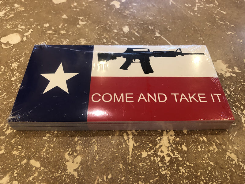 TEXAS COME & TAKE IT M4  ASSAULT RIFLE FLAG BUMPER STICKER PACK OF 50 BUMPER STICKERS MADE IN USA WHOLESALE BY THE PACK OF 50!