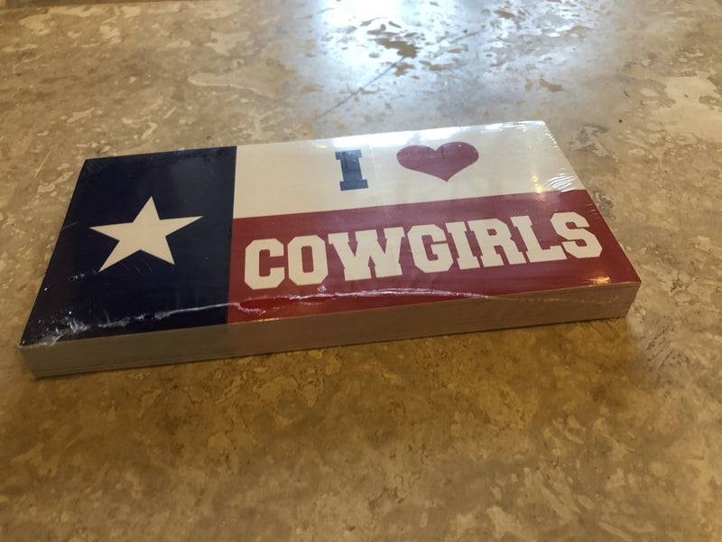 TEXAS I LOVE COWGIRLS OFFICIAL BUMPER STICKER PACK OF 50 BUMPER STICKERS MADE IN USA WHOLESALE BY THE PACK OF 50!
