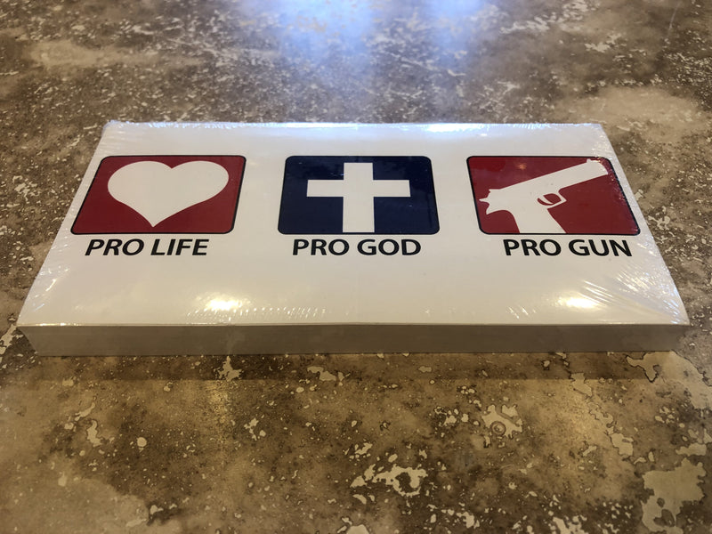 PRO LIFE, PRO GOD, PRO GUN OFFICIAL BUMPER STICKER PACK OF 50 BUMPER STICKERS MADE IN USA WHOLESALE BY THE PACK OF 50!