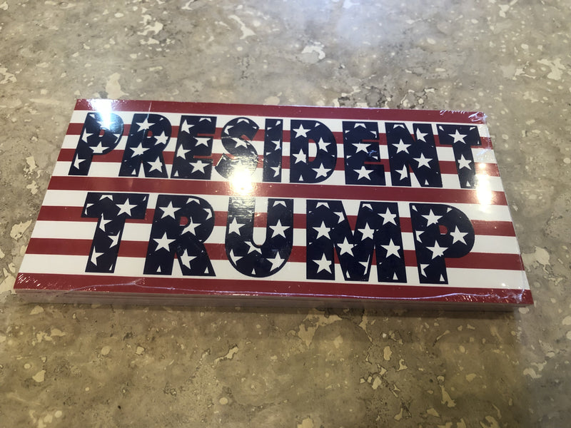 PRESIDENT TRUMP (FLAG BACKGROUND) OFFICIAL BUMPER STICKER PACK OF 50 BUMPER STICKERS MADE IN USA WHOLESALE BY THE PACK OF 50!
