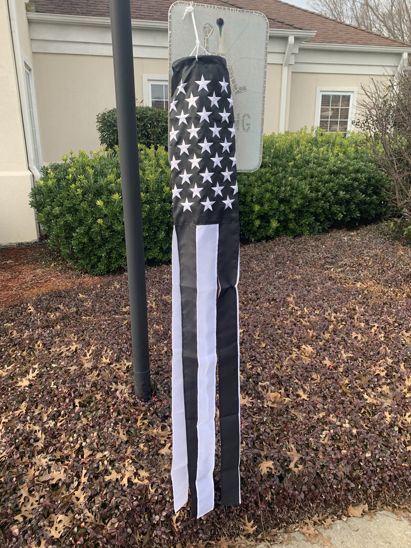 60" USA Police Memorial Blackout Embroidered Black & White Wind Sock 300D Nylon Thin Blue Line