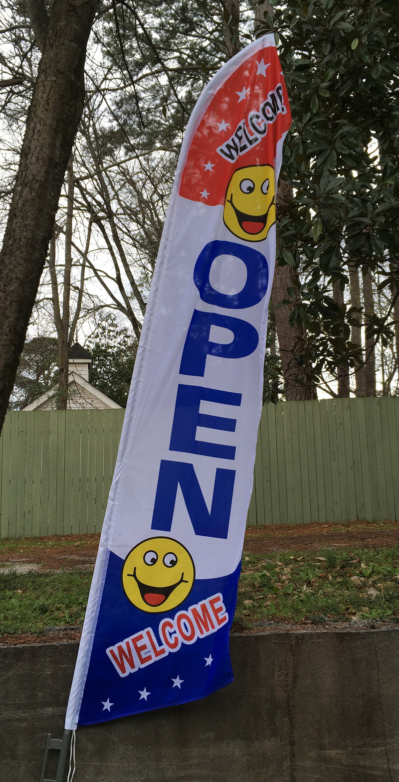 Welcome And Open Smiley Swooper Flag