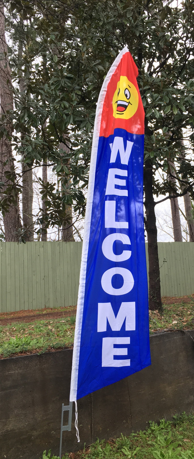 Welcome with Smiley Face Blue 11.5'x2.5' Swooper Flag Rough Tex® Knit Feather