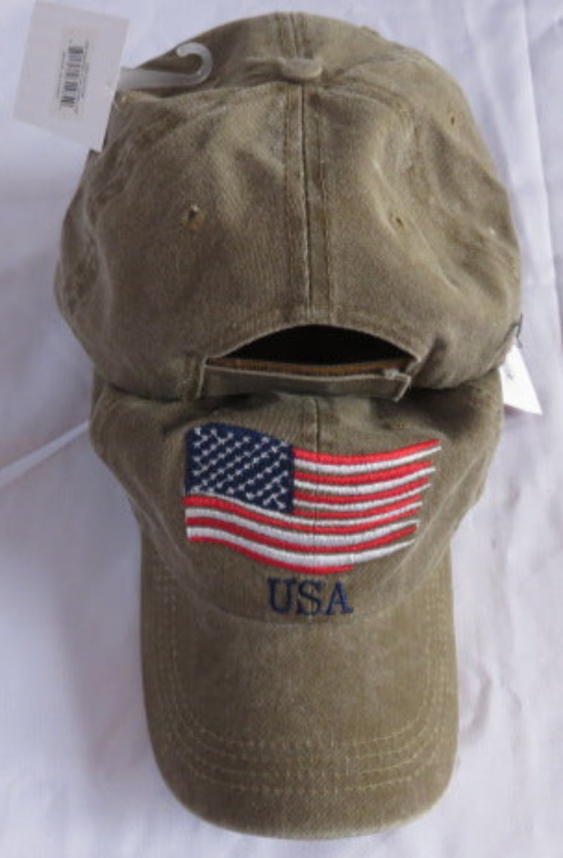 USA Waving American Flag Khaki Cap Embroidered Hat