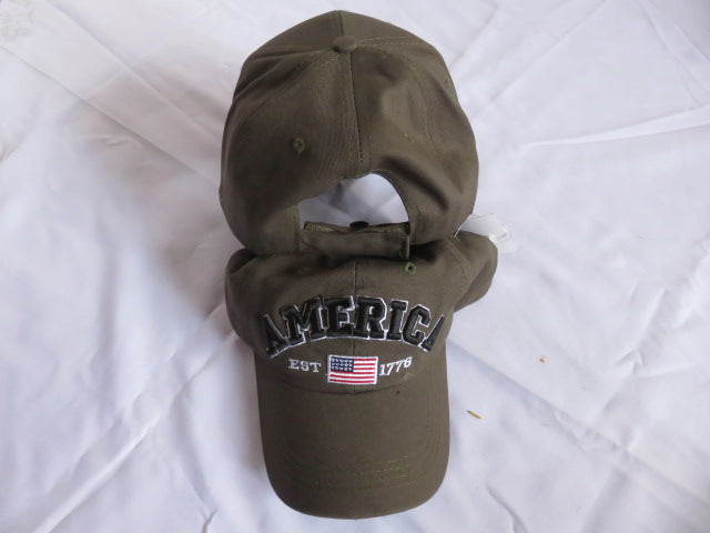 America Established 1776 Black Olive USA Flag Cap Embroidered Hat