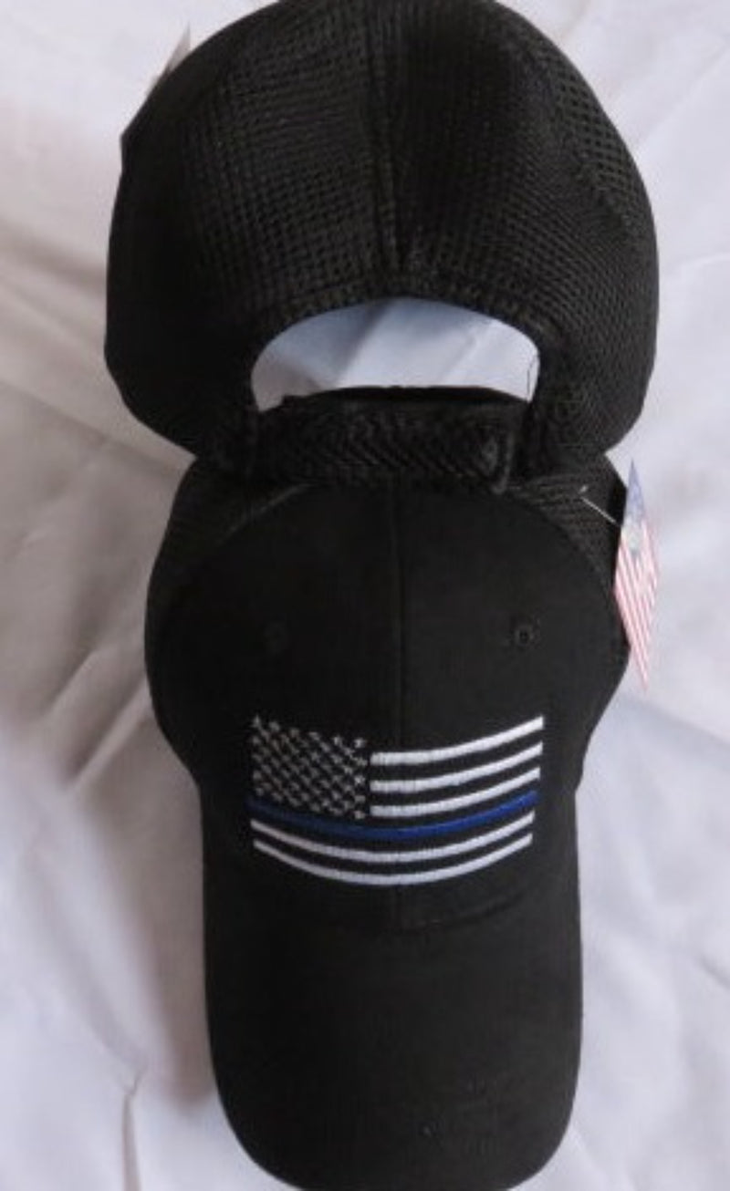 Police Memorial American Flag Blackout Cap Embroidered Hat US Blue Line