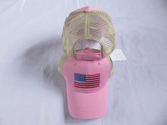 PINK TRUCKER STYLE MESH BACK VINTAGE USA AMERICAN FLAG EMBROIDERED CAP