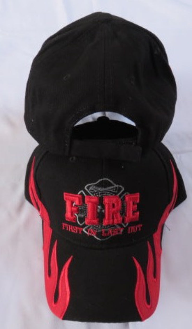 FIRE FIGHTER FIRST IN FIRST OUT RED BLACK FLAMES EMBROIDERED CAP
