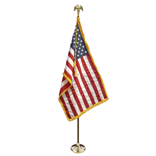 Indoor American Flag Set: 8' Oak Pole, Brass Eagle, Gold Tassel Rope, Gold Fringe USA flag, Base