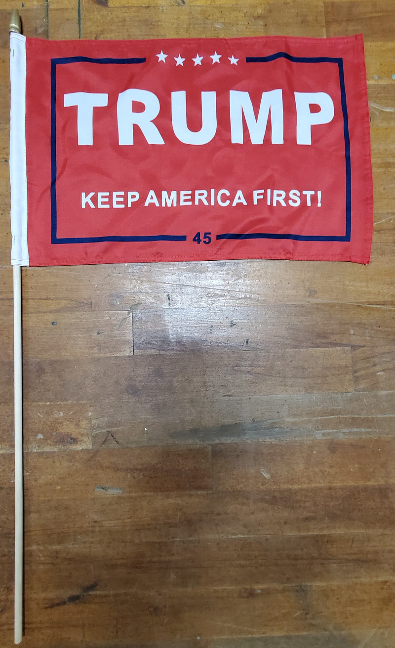 Stick Flags Gold Painted Wood Spear Collectors Items Red TRUMP 2020 AMERICA FIRST! - 12x18 Rough Tex ®