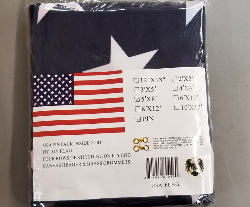 American 5'X8' U.S.A Flag 100% Rough Tex® 210D Nylon Printed With With Four Rows Of Stitching And Pin Pack