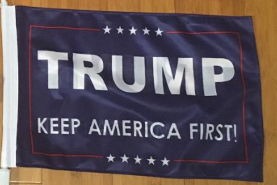 TRUMP CAR FLAGS:  TRUMP 2020, TRUMP NATION, TRUMP KEEP AMERICA FIRST (NAVY & RED) DOUBLE SIDED ROUGH KNIT ®