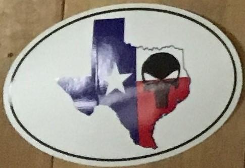 TEXAS STATE OUTLINE WITH FLAG PATTERN AND SKULL (OVAL SHAPED) OFFICIAL PACK OF 50 BUMPER STICKERS MADE USA WHOLESALE!