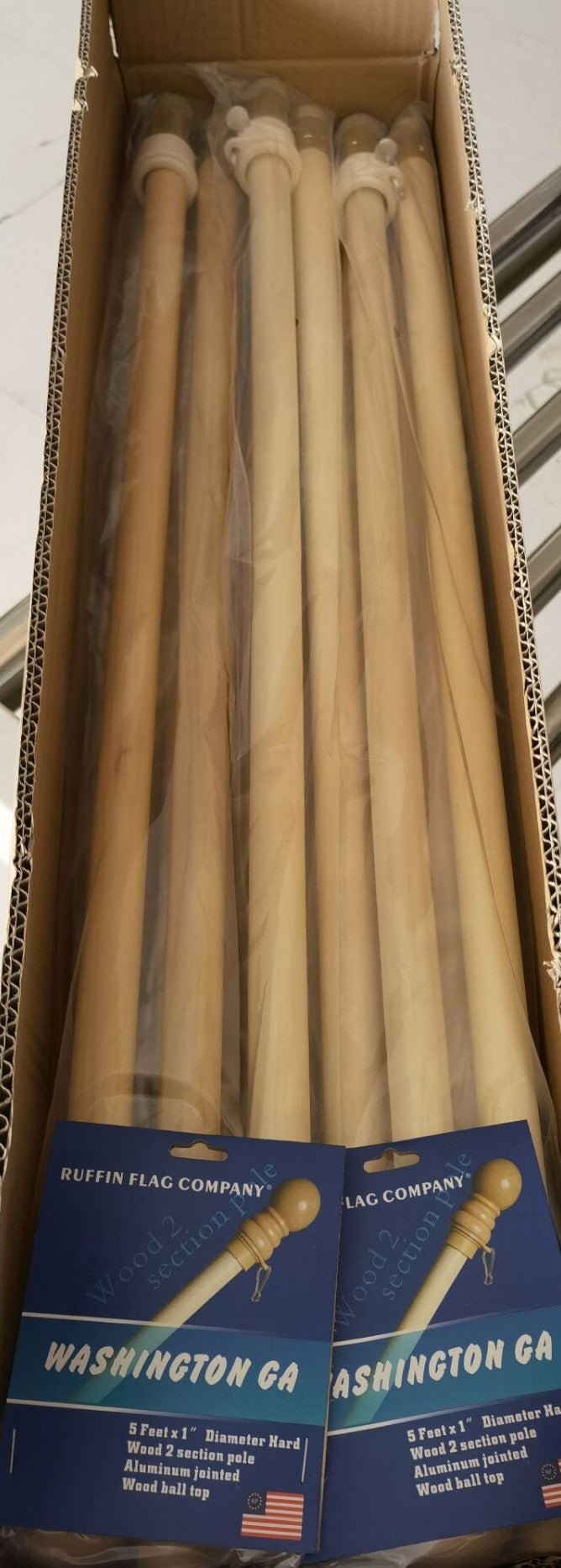 Wooden 2 piece flagpoles 5' x 1" Diameter non furl clips