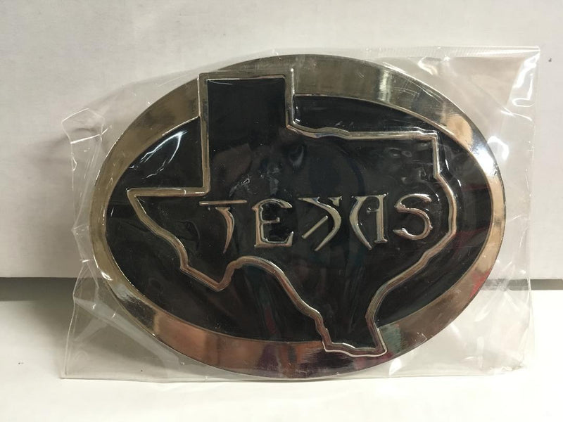 TEXAS BELT BUCKLE BLACK OVAL STATE MAP SILVER