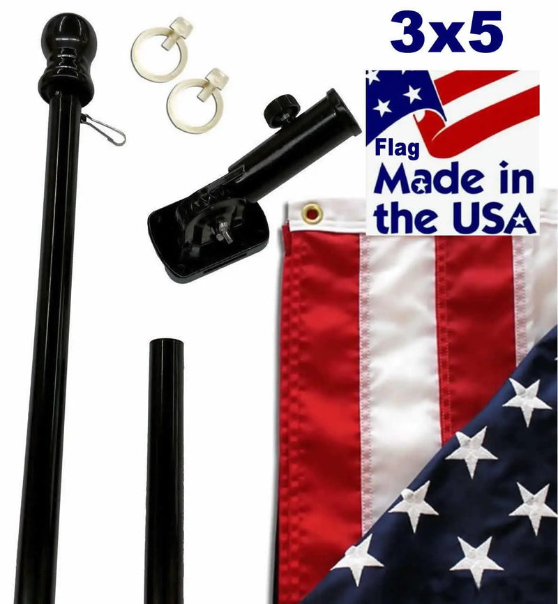 American Flagpole Kit: 6ft Black Tangle-free Spinning Flag Pole, Black Adjustable Bracket & 3x5ft American USA Flag 150D Nylon Embroidered Brass Grommets