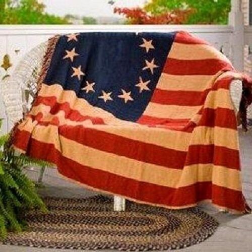 Betsy Ross Flag Afghan Style Hand Woven 100% Cotton Throw Blanket Early American Revolution