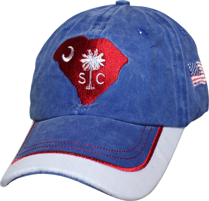 SOUTH CAROLINA CAPS WASHED BLUE RED STATE MAP FLAG 100% COTTON HAT SC