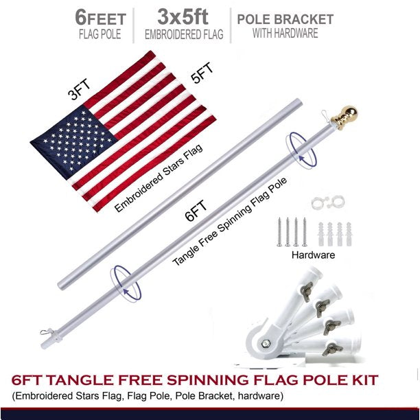 American Flagpole Kit: 6ft Tangle-free Spinning Flag Pole & 3x5ft American USA Flag 210D Nylon Embroidered Pole Sleeve Style
