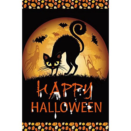 Halloween Black Cat "Happy Halloween"  Printed Garden Flag Rough Tex ® Brand