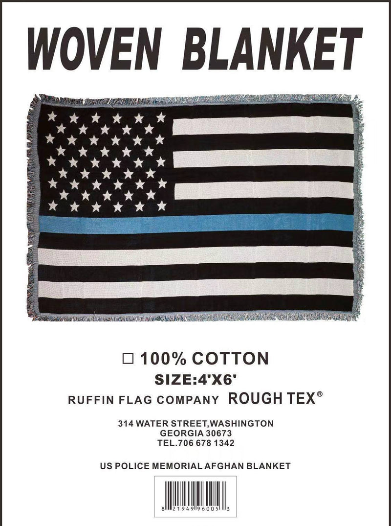 Police Thin Blue Line USA Law Enforcement American Afghan Style Fringe Hem Hand Woven 100% Cotton Blanket