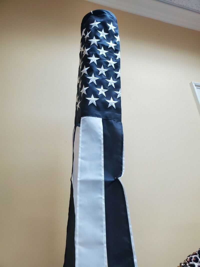 60" USA Police Memorial Blackout Embroidered Black & White Wind Sock 300D Nylon Thin Blue Line
