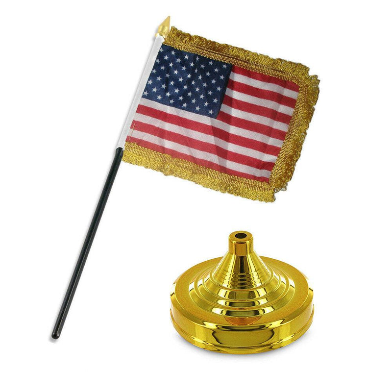 USA 4"x6" Flag With Gold Fringe and Gold Base DESK SET