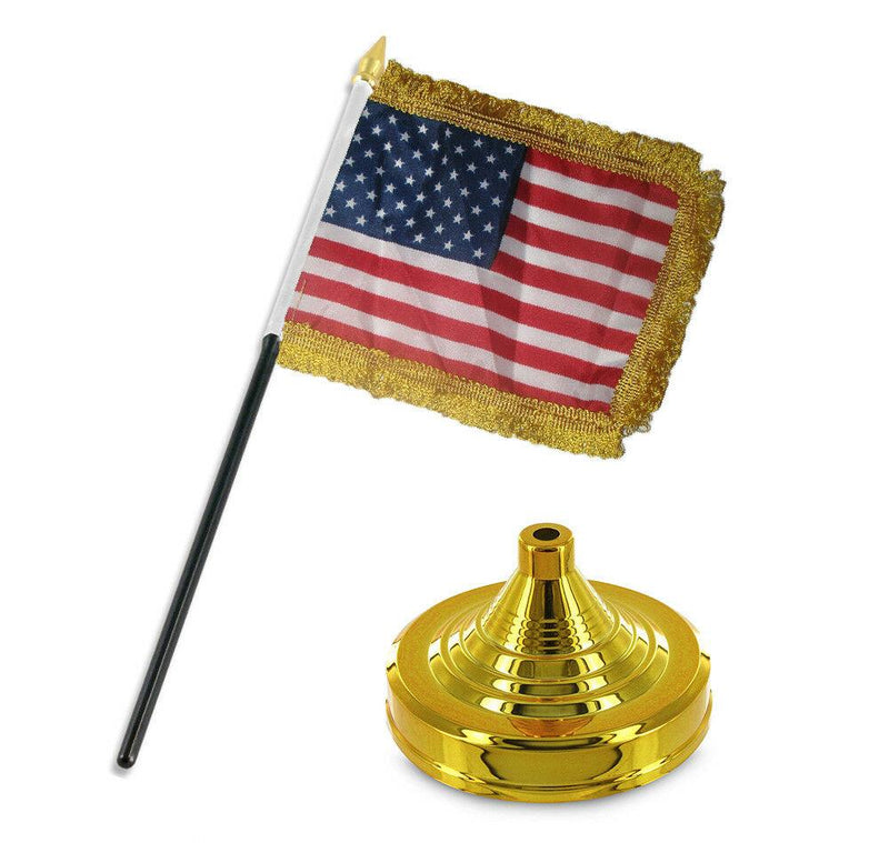 USA 4"x6" Flag With Gold Fringe and Gold Base American DESK SET Museum Gift Shop