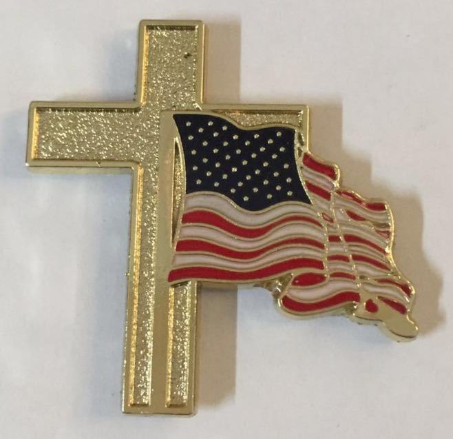 USA Wavy Flag Gold Cross Cloisonné Hat & Lapel Pin