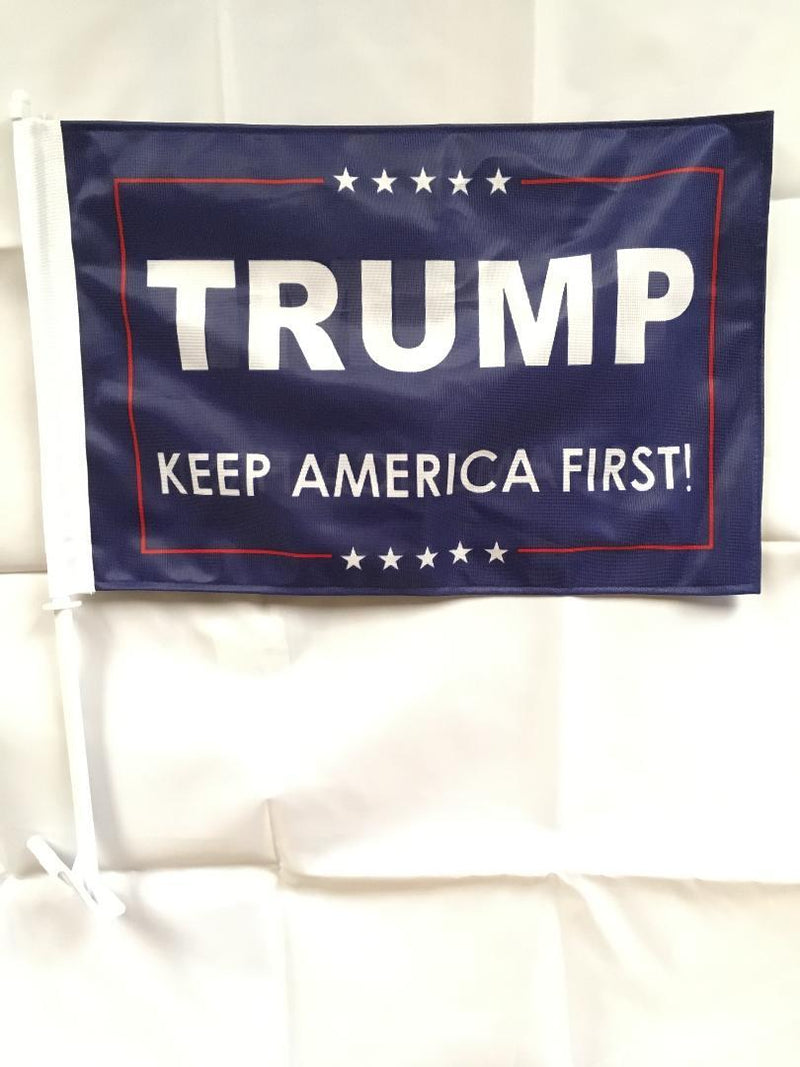 Trump Keep America First Blue Double Sided Car Flag - 12''x18'' Knit